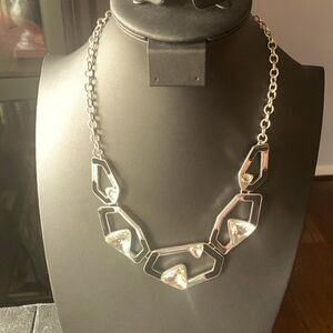 EL Vintage Black enamel and Clear Crystal Statement necklace, in Silver tone